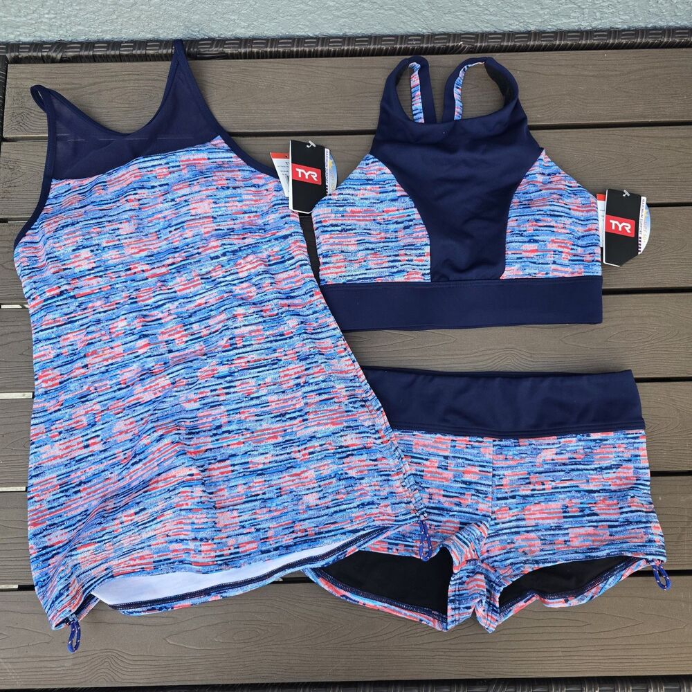TYR Women's Blue/orange Quake Tank & Amira Top W/Boyshorts Sz S New Sample